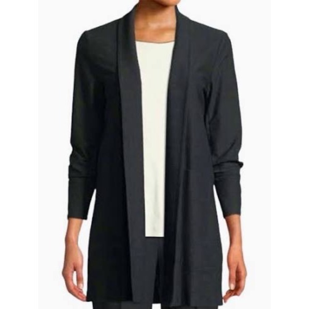 Eileen Fisher Black Open Front Longline Cardigan Sweater XXS‎ Ponte Knit Pocket